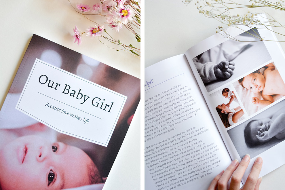 Printed baby book full of first milestones