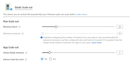 Screenshot from the Azure functions webpage that shows you the field where you can edit the 'always ready instances' option!
