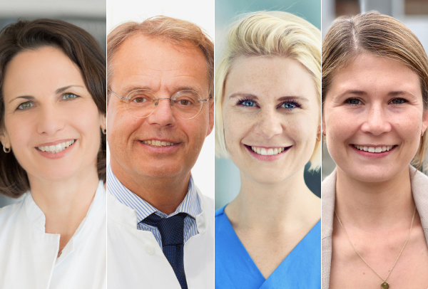 Haben das neue Forschungsnetzwerk Nephrogeriatrie initiiert (v. l.): Professorin Ute Hoffmann, Professor Clemens Grupp, Dr. Sarah-Yasmin Thomsen und Dr. Anna Maria Affeldt. (Fotos: Studio Büttner (Regensburg), Klinikum Bamberg, UKSH Campus Kiel (Fotografin: Monika Keichel), privat)