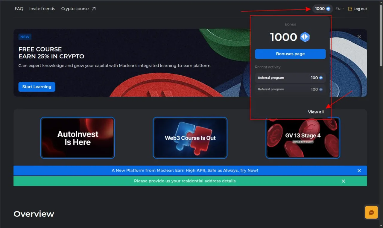 Maclear bonus system - displaying accumulated 1000 points and referral program with payouts