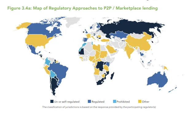 Global map of P2P and marketplace lending regulatory approaches by country