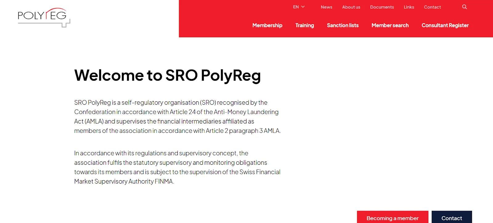 Screenshot of the SRO PolyReg website homepage, highlighting the Swiss self-regulatory organization that supervises Maclear's compliance and operational integrity.