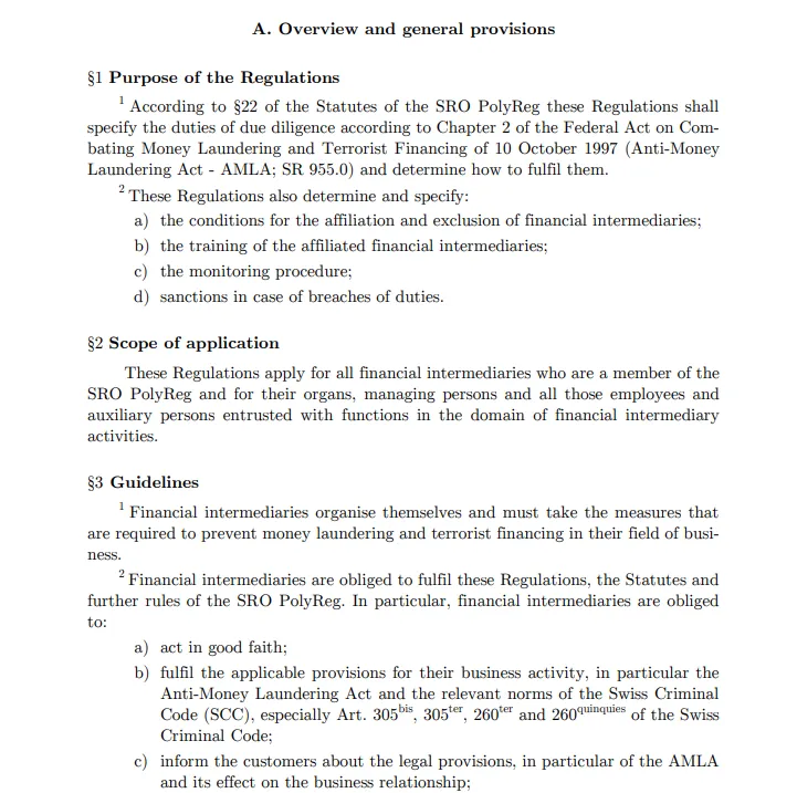 Excerpt from PolyReg SRO official regulations document outlining the purpose, scope of application, and guidelines for financial intermediaries regarding anti-money laundering and terrorist financing compliance under Switzerland's AMLA.