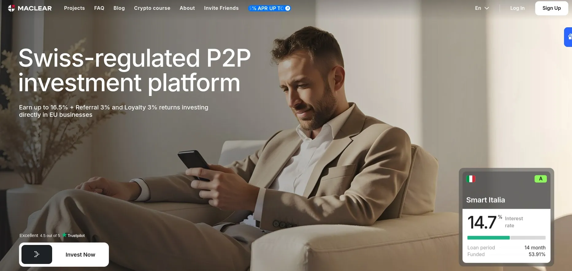 Maclear peer-to-peer business lending platform homepage with Swiss mountain background