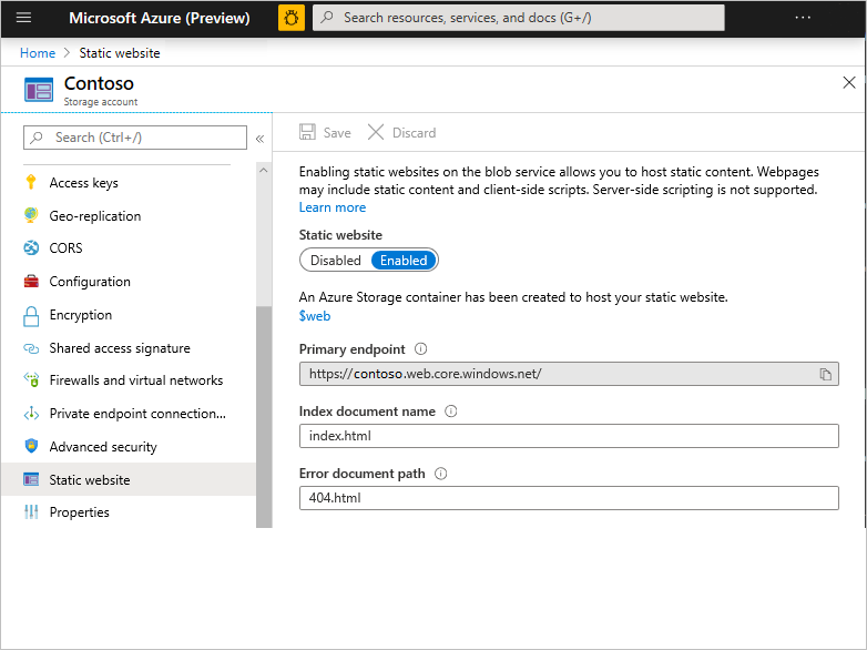 A screenshot of the Azure portal with the "Static website" blade selected and the toggle set to enabled. There is a note saying that a storage container has been created at "$web"
