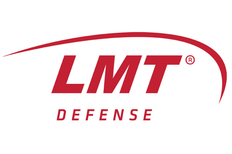 LMT Defense logo with big crimson red capital letters with over arching red curve