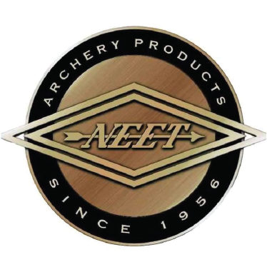 Neet Premium Archery products logo with round copper and black circle with gold diamond with an arrow running thought it