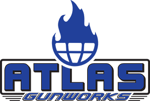Atlas Gunworks company logo of burning blue flame above Atlas Gunworks