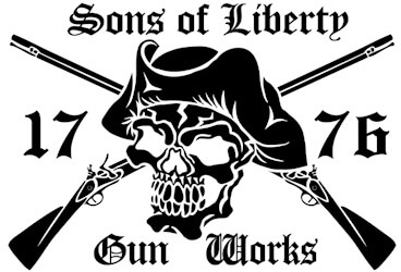 Sons of Liberty Gun Works patriotic 1776 skull logo with criss-crossed firearms
