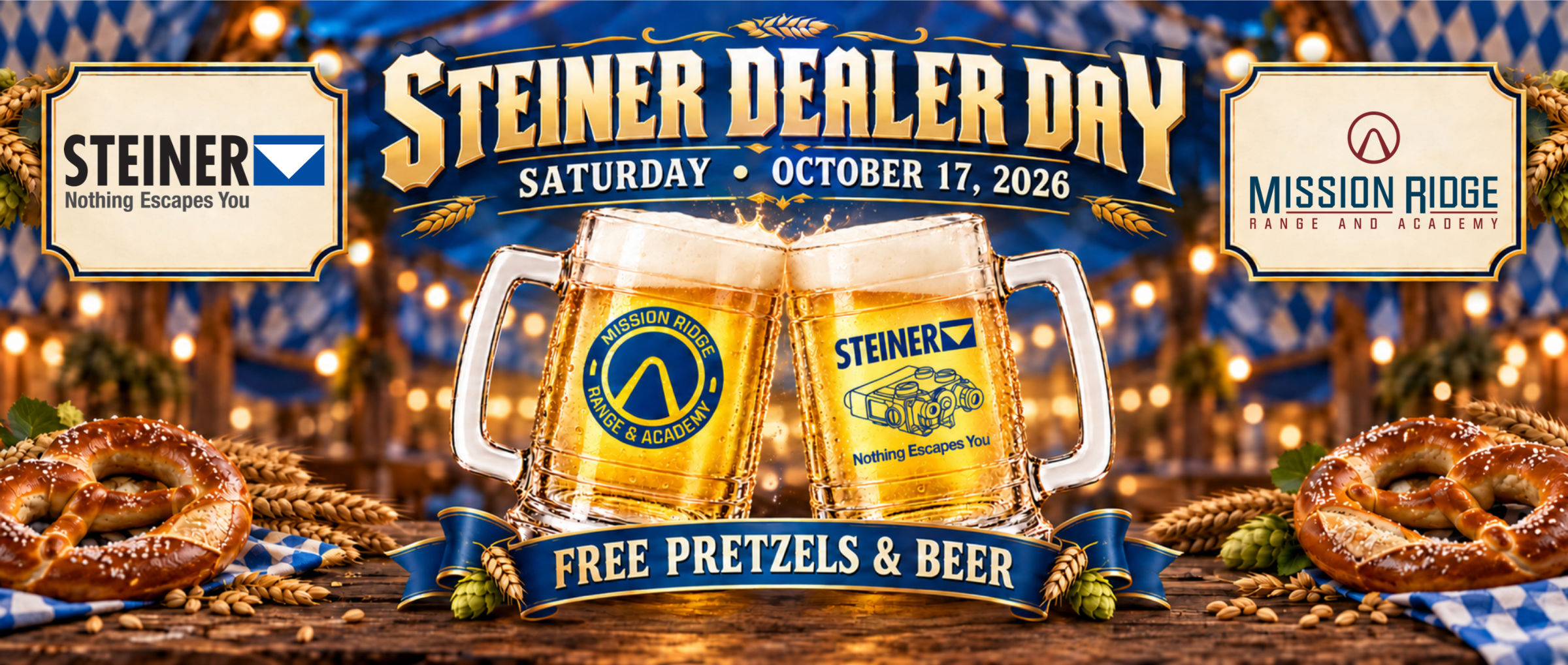 Steiner Dealer Day at Mission Ridge Range and Academy, Saturday October 17 2026. Free pretzels and beer.