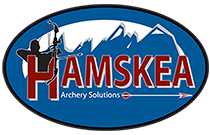 Hamskea Archery Solutions logo of the mountains with a bow hunter and arrow in blue red, and white