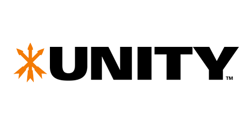 Unity Tactical firearm accessories company name logo in capitalized large black font with three orange arrows