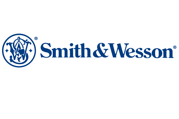 Smith and Wesson blue logo of round emblem with letters S & W intertwined and the name Smith & Wesson to the left of emblem