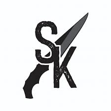 Stroup Knives company logo with capital S and K with a black knife running through the letters