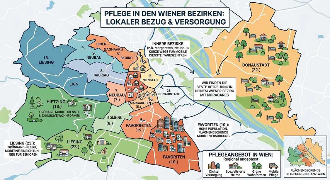Illustrated map of Vienna titled “Care in Vienna’s districts: Local relevance & provision”. The districts are color-coded and marked with examples of regional care services. Highlighted are, among others, Donaustadt with many green living and care areas, Favoriten with dense mobile care coverage, inner districts with short routes for mobile services and day centers, as well as Liesing and Hietzing with green surroundings and residential options for seniors. In the center, there is a note that noracares finds the best care in the respective district. At the bottom, a legend explains the symbols for dense coverage, specialized homes, green residential forms, and mobile care.