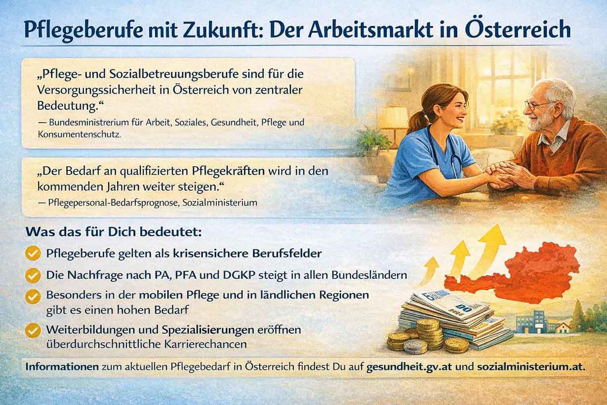 Infografic despre piața muncii pentru profesiile de îngrijire în Austria, cu cerere în creștere pentru personalul de îngrijire, perspective de job sigure în perioade de criză, nevoie deosebită în îngrijirea mobilă, precum și oportunități bune de carieră prin perfecționare și specializare.