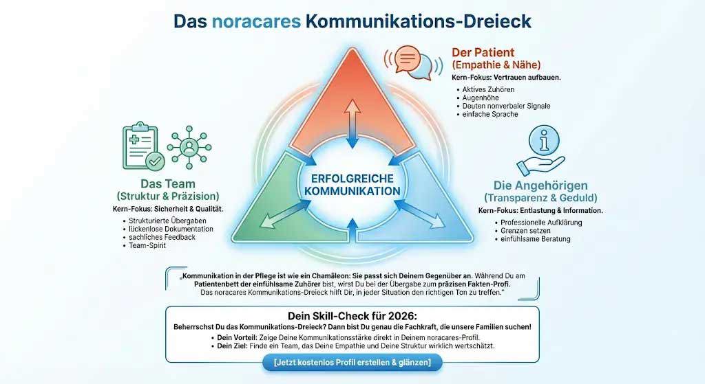 Infographic titled “The noracares Communication Triangle.” In the center is a circle labeled “Successful Communication,” surrounded by a colored triangle with three areas. At the top: “The Patient (Empathy & Closeness)” with bullet points such as active listening, eye contact, interpreting nonverbal signals, and simple language. On the left: “The Team (Structure & Precision)” with points such as structured handovers, seamless documentation, objective feedback, and team spirit. On the right: “Relatives (Transparency & Patience)” with points such as professional guidance, setting boundaries, and empathetic counseling. At the bottom there is explanatory text about the importance of situation-adapted communication in nursing as well as a “Skill Check for 2026” with a call to create a free profile.
