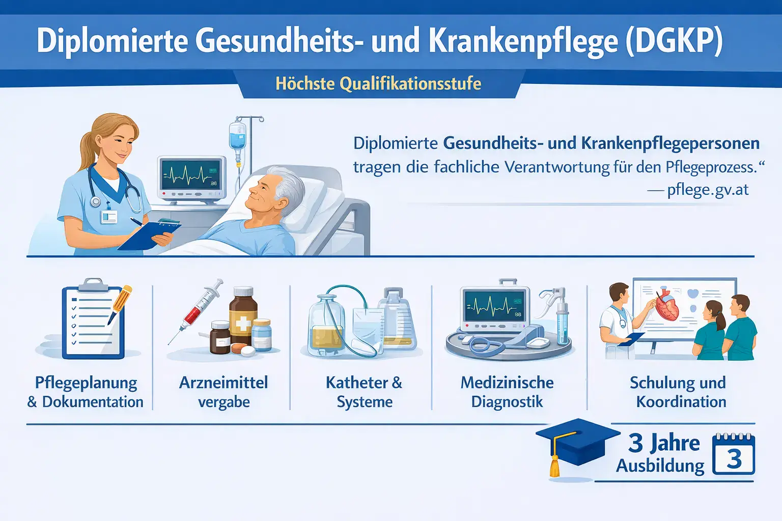 Infografic despre asistența medicală generală diplomată (DGKP) în Austria ca cel mai înalt nivel de calificare cu sarcini precum planificarea și documentarea îngrijirii, administrarea medicamentelor, diagnostic medical, managementul cateterelor precum și instruire și coordonare în cadrul unei formări de trei ani.