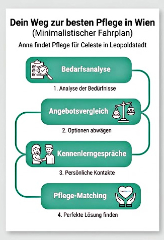 German infographic titled “Your path to the best care in Vienna” with the subtitle “Minimalist roadmap”. Below it says: “Anna finds care for Celeste in Leopoldstadt”. The graphic shows a four-stage process with turquoise rounded boxes and connecting lines: 1. “Needs analysis” with the text “Analyze needs”, 2. “Offer comparison” with “Weigh options”, 3. “Introductory meetings” with “Personal contacts”, 4. “Care matching” with “Find the perfect solution”. Each step is illustrated with a matching symbol.