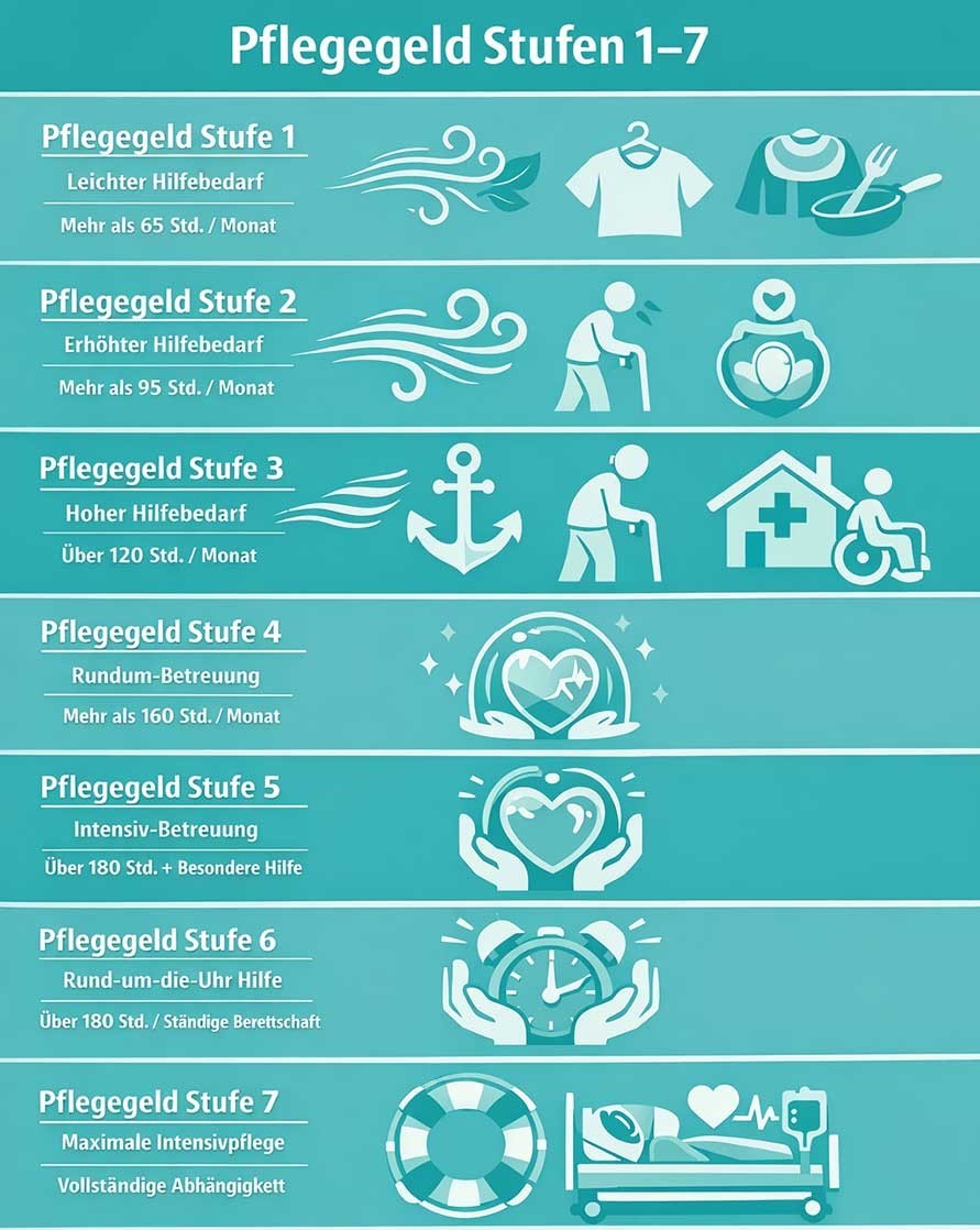 „Infografic al nivelurilor alocației de îngrijire germane de la 1 la 7, de la necesar ușor de ajutor până la îngrijire intensivă maximă, cu timpi lunari estimați de îngrijire și simboluri pentru fiecare nivel de sprijin.”