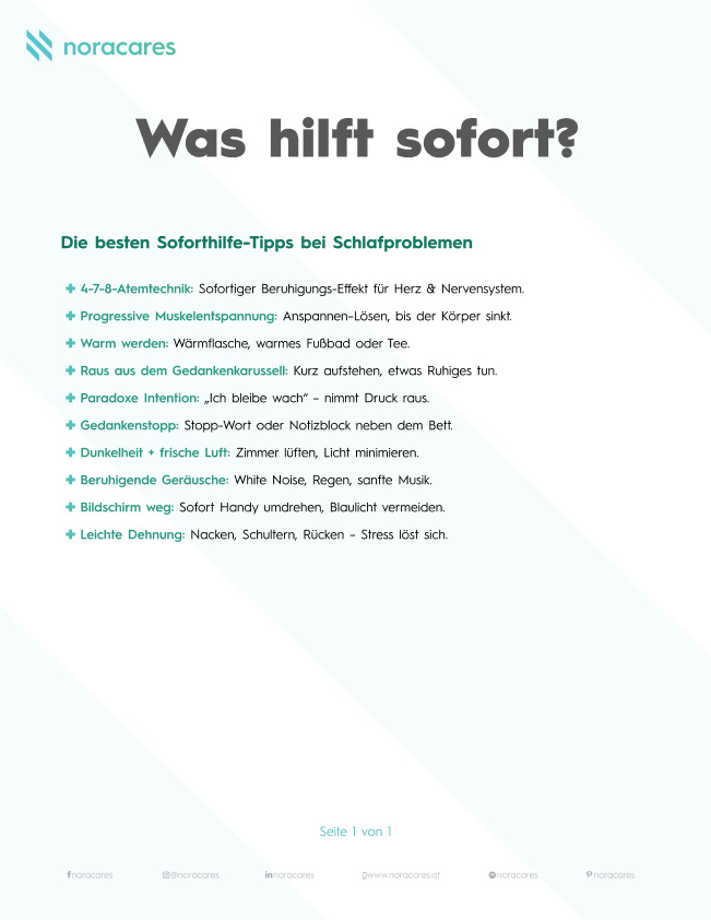 „Infografik von noracares mit der Überschrift ‚Was hilft sofort?‘: Übersicht der besten Soforthilfe-Tipps bei Schlafproblemen, darunter 4-7-8-Atemtechnik, progressive Muskelentspannung, Wärme, Gedankenstopp, Dunkelheit, beruhigende Geräusche, Bildschirmverzicht und leichte Dehnübungen.“
