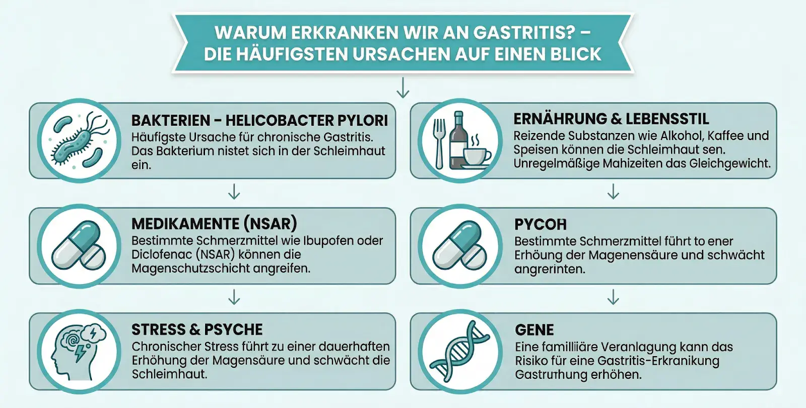 German-language infographic about the most common causes of gastritis in six fields with symbols and arrows. Mentioned are Helicobacter pylori as a bacterial cause, diet and lifestyle, medications such as NSAIDs, psychological factors or stress, and genetic predisposition. The graphic mainly uses turquoise, white, and black and bears the heading “Why do we get gastritis? – The most common causes at a glance