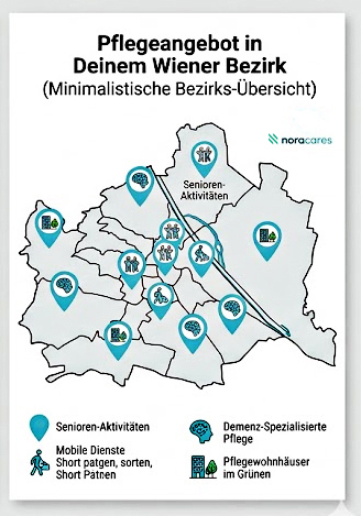 German infographic titled “Care services in your Vienna district” with the subtitle “Minimalist district overview”. In the center is a stylized map of Vienna with several turquoise location markers. The symbols stand for various care and support services in the districts, including senior activities, mobile services, short patrons, dementia-specialized care, and nursing homes in green surroundings. The noracares logo is placed at the top right. At the bottom, a legend explains the symbols used.