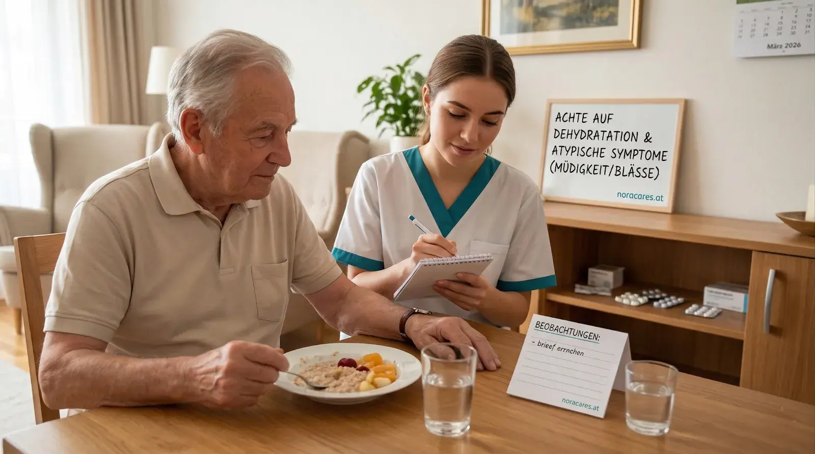 Photo of an older man sitting at a table eating a meal while a caregiver next to him takes notes. On the table are two glasses of water and a plate with porridge and fruit. In the background, medications are placed on a shelf, and a sign points to dehydration as well as atypical symptoms such as fatigue and paleness.