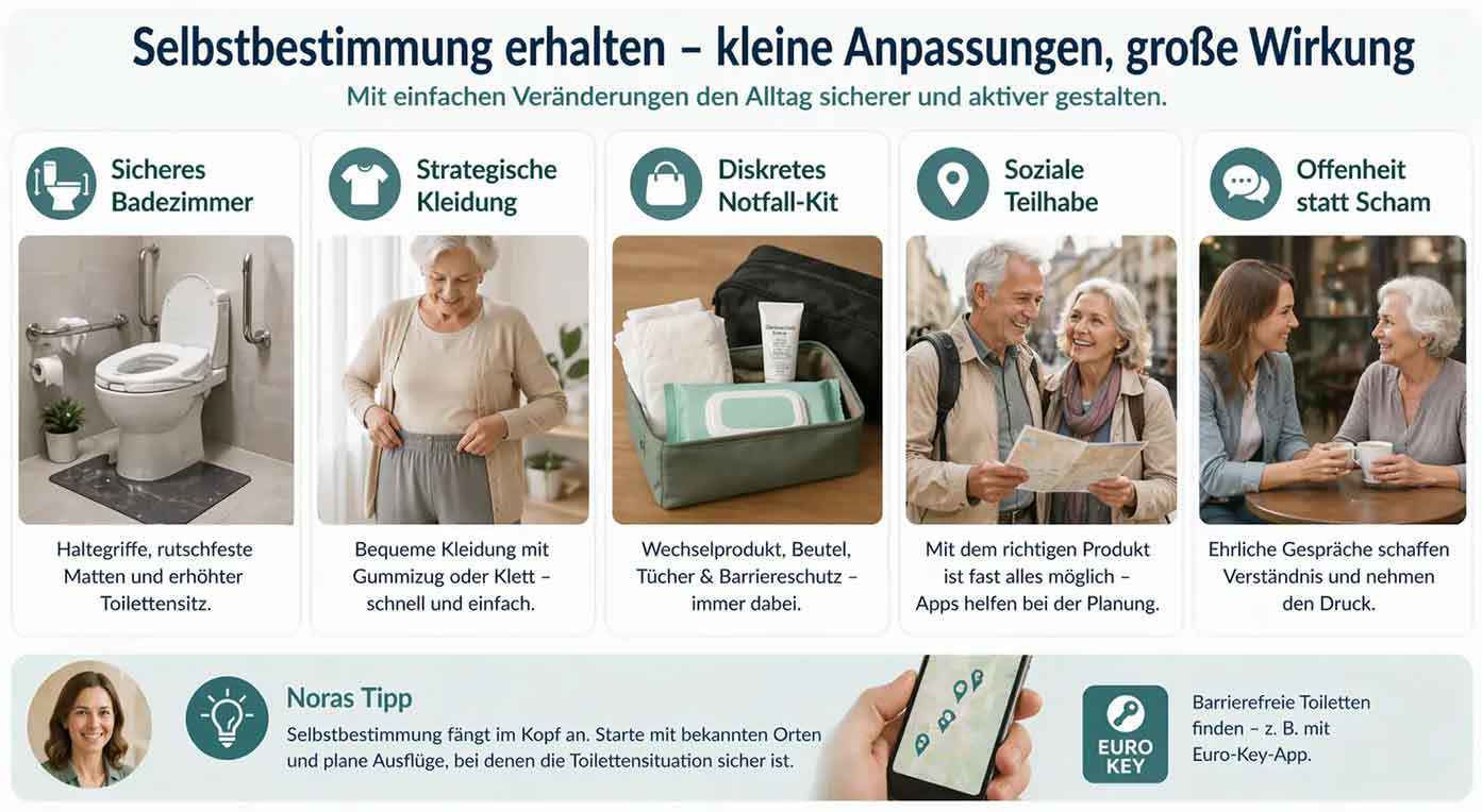 Infographic titled “Preserving self-determination – small adjustments, big impact,” showing how people with incontinence can shape their daily lives safely and actively.