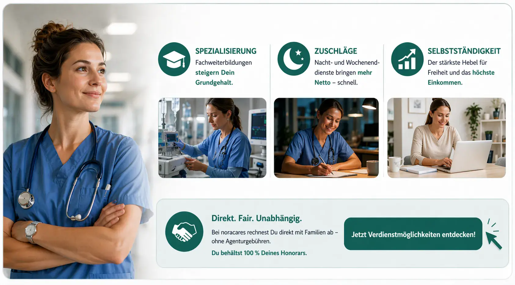 „O asistentă medicală încrezătoare, îmbrăcată în uniformă albastră de lucru, cu stetoscop, stă într-un mediu spitalicesc lângă panouri informative care evidențiază specializarea profesională, venituri mai mari prin munca de noapte și posibilități de activitate independentă.”