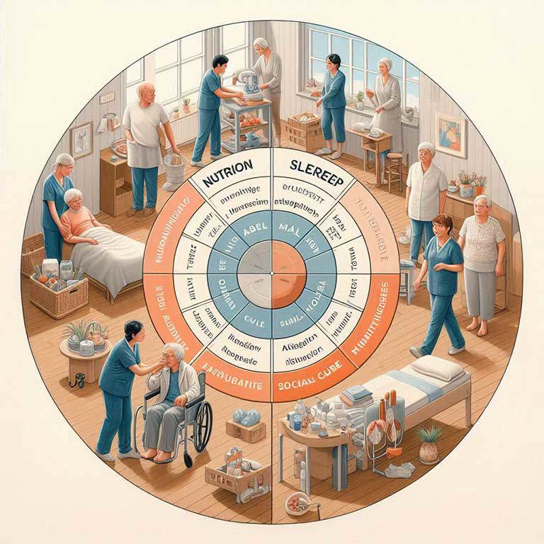 O reprezentare vizuală a modelului ABEDL de Monika Krohwinkel în asistența medicală. În centru se află o diagramă circulară cu cele douăsprezece activități ale vieții cotidiene, inclusiv alimentația, somnul, igiena și relațiile sociale. Îngrijitorii sprijină persoanele în vârstă în diverse situații cotidiene - alimentație, mobilitate, igienă personală și interacțiuni sociale. Mediul cald și structurat simbolizează planificarea individuală și holistică a îngrijirii.