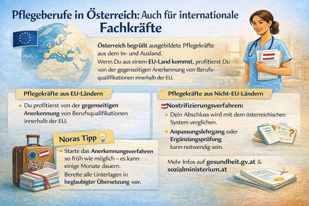 Infografik zu Pflegeberufen in Österreich für internationale Fachkräfte mit Informationen zur Anerkennung von Berufsqualifikationen für EU- und Nicht-EU-Bürger sowie zum Nostrifizierungsverfahren und Voraussetzungen für die Berufsausübung.