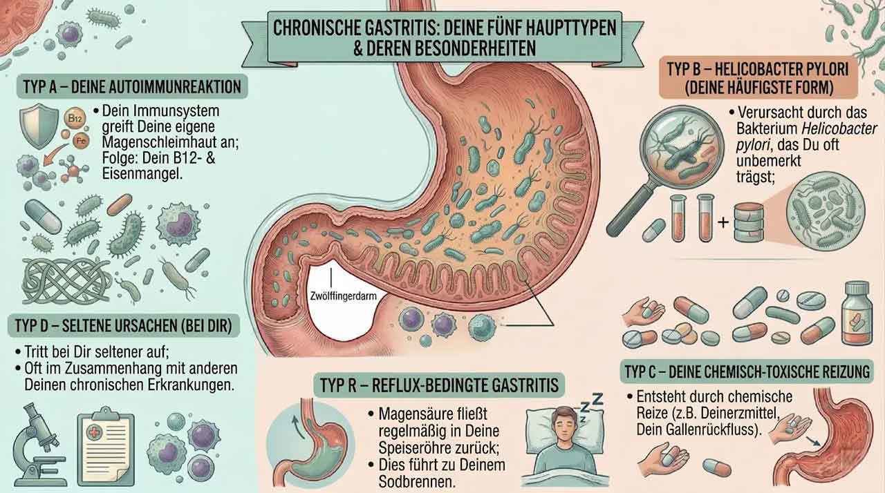 German-language infographic about chronic gastritis with a central depiction of the stomach and several information fields on the most important forms. Described are type A as an autoimmune reaction, type B caused by Helicobacter pylori, type C as chemical-toxic irritation, a reflux-related form, as well as rare causes. The graphic contains symbols such as bacteria, medications, a magnifying glass, a microscope, and reflux depictions and bears the heading “Chronic gastritis: Your five main types & their special features