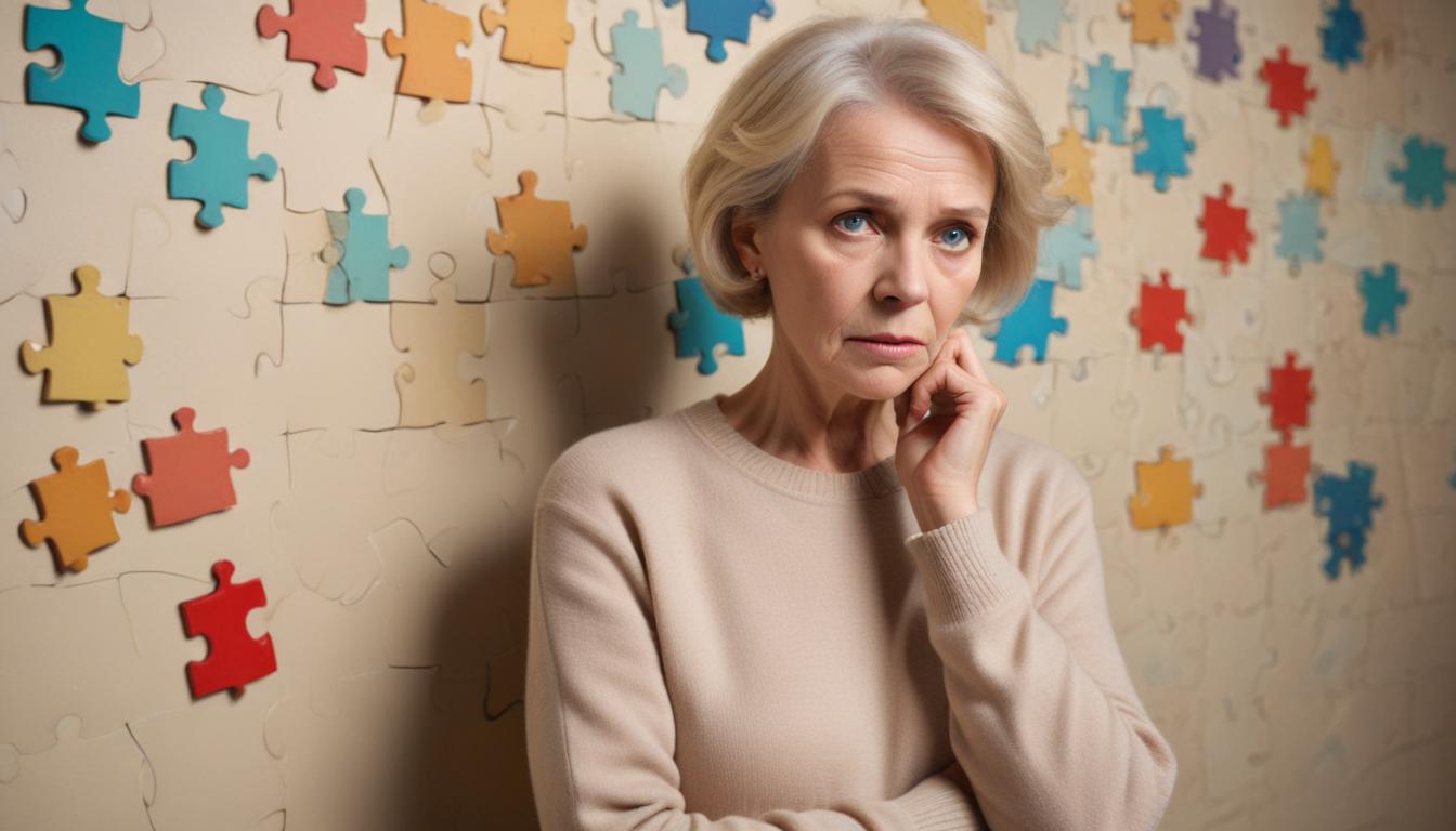 Ältere Frau vor einer Wand mit Puzzleteilen - Symbol für Gedächtnisverlust
