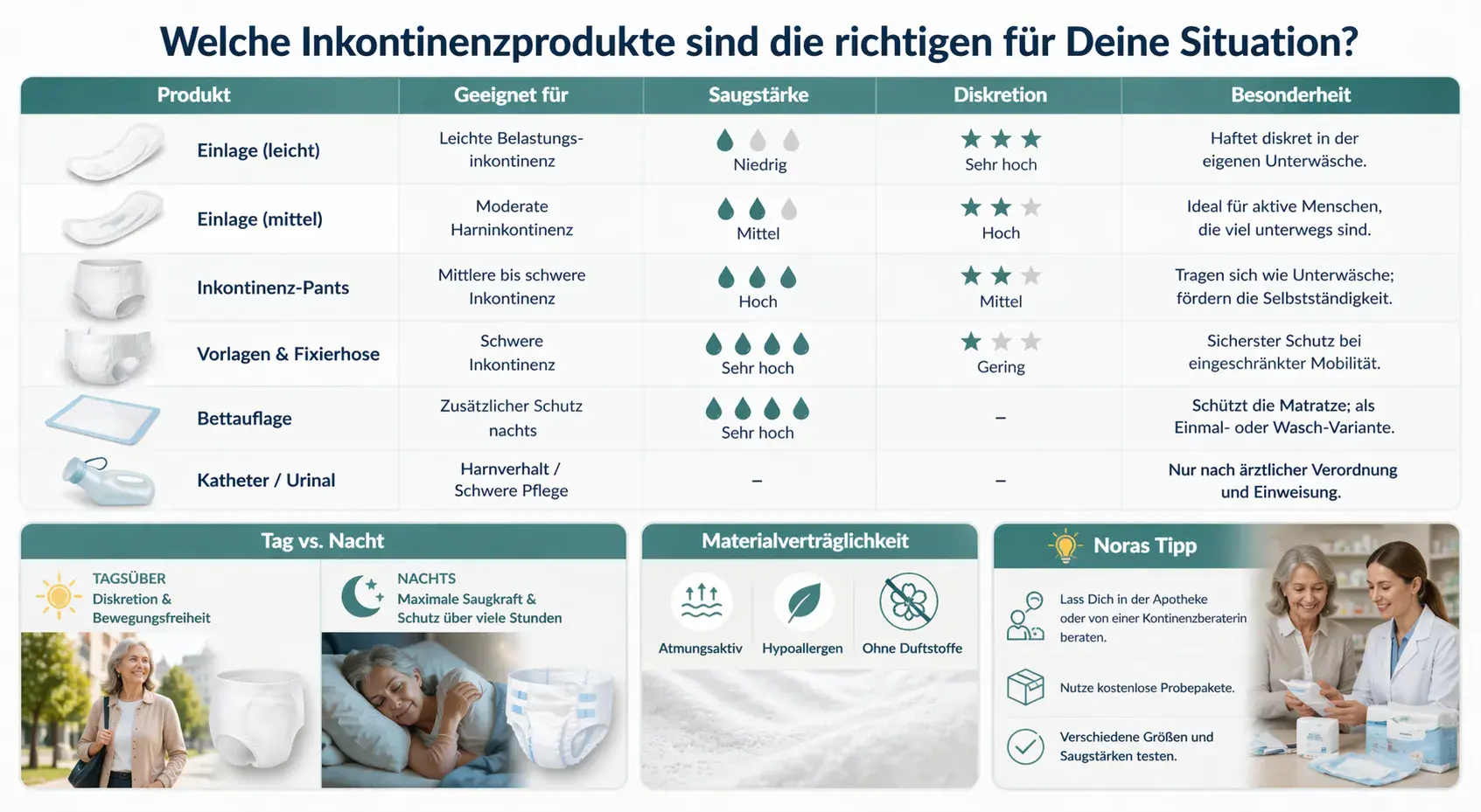 Infographic titled “Which incontinence products are the right ones for your situation?”. It shows a comparison table of different products such as pads (light and medium), incontinence pants, pads with fixation pants, bed pads, as well as catheters or urinals. For each product, suitable areas of use, absorbency, discretion, and special features are described, e.g. for mild to severe incontinence or additional safety at night.