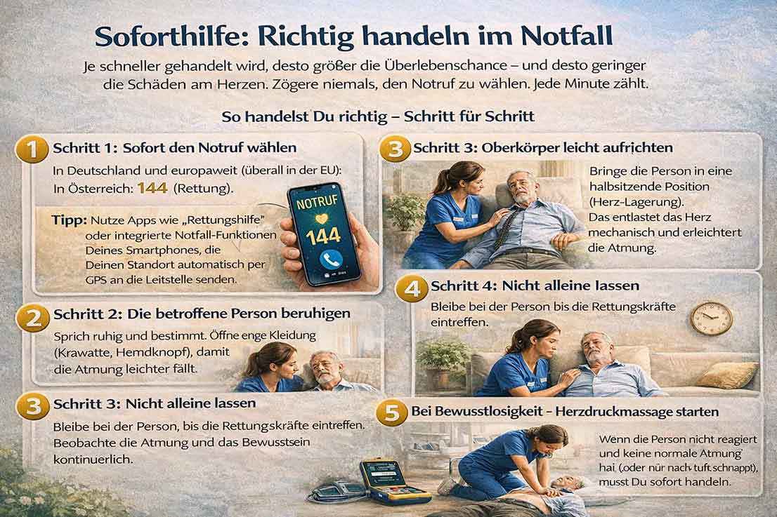 Infographic on immediate help during a heart attack: call emergency services, calm the person, correct positioning, do not leave them alone, and begin chest compressions if unconscious