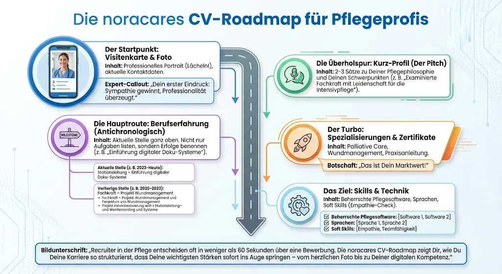 Infographic titled “The noracares CV Roadmap for Nursing Professionals.” The design shows a vertical road in the center with sections branching off on both sides explaining how a nursing CV should be structured. The areas include: “The starting point: Business card & photo” (professional photo and contact details), “The fast lane: Short profile (The pitch)” (brief professional summary), “The main route: Work experience (anti-chronological)” (work experience in reverse chronological order with achievements), “The turbo: Specializations & certificates” (e.g., palliative care and wound management) and “The destination: Skills & technology” (nursing software, languages, and soft skills). At the bottom there is a note that recruiters often decide within 60 seconds and the roadmap helps make the most important strengths visible quickly.