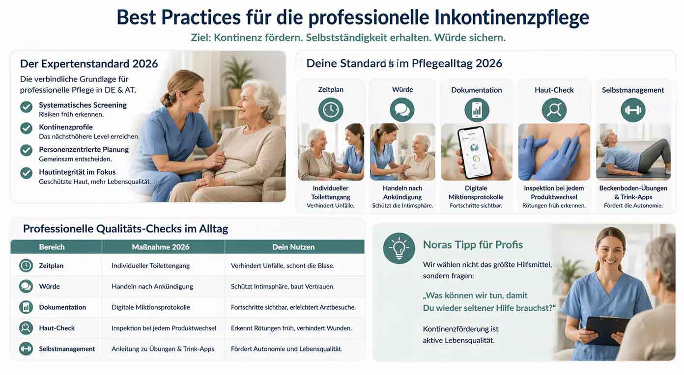 Infographic titled “Best practices for professional incontinence care” with the goal of promoting continence, maintaining independence, and safeguarding dignity.