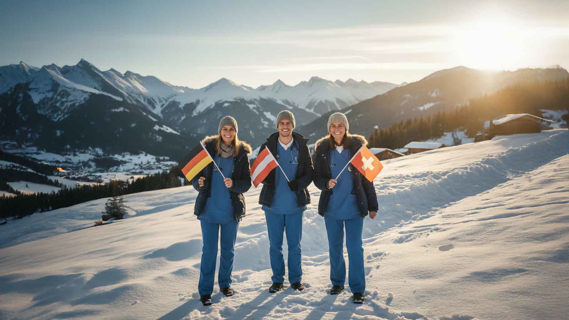Drei Personen in medizinischer Kleidung, die die Flaggen von Deutschland, Österreich und der Schweiz halten, stehen im Schnee mit einem Bergpanorama bei Sonnenuntergang.