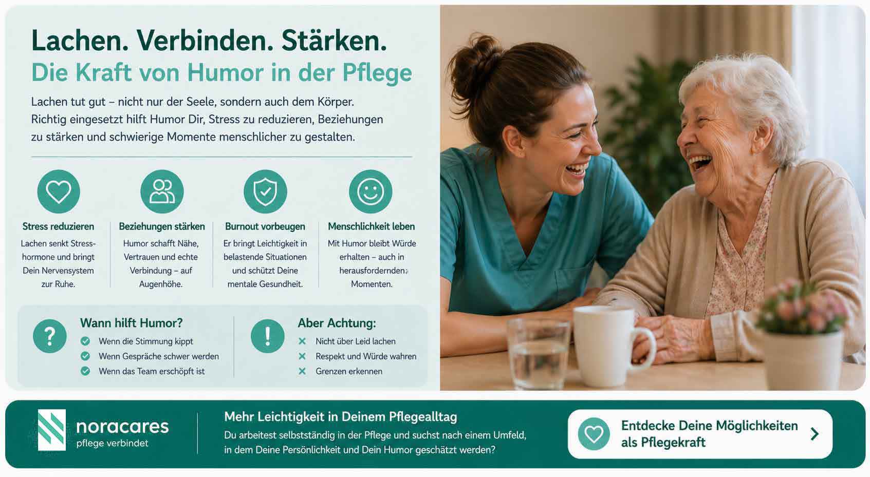 Pflegekraft und ältere Frau sitzen gemeinsam am Tisch und lachen herzlich miteinander; daneben Infografik über die positive Wirkung von Humor in der Pflege, wie Stressreduktion, stärkere Beziehungen und Burnout-Prävention.
