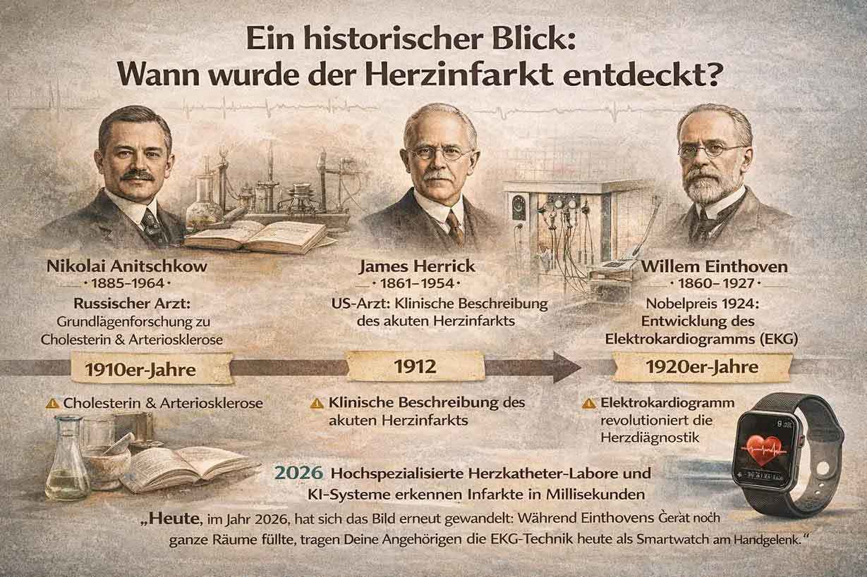 Infographic on the history of the heart attack: Nikolai Anitschkow, James Herrick, and Willem Einthoven, as well as the development of cholesterol research, clinical description, and ECG up to modern diagnostics in 2026