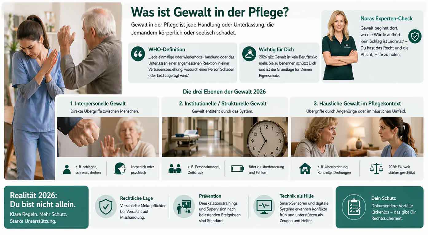 O infografică explică „Ce este violența în îngrijire?” și arată o îngrijitoare care se protejează de un bărbat în vârstă agresiv. Ea descrie definiția OMS, trei niveluri ale violenței (interpersonală, instituțională/structurală și domestică), precum și prevenția, măsurile legale, sprijinul tehnologic și posibilitățile de protecție pentru personalul de îngrijire.