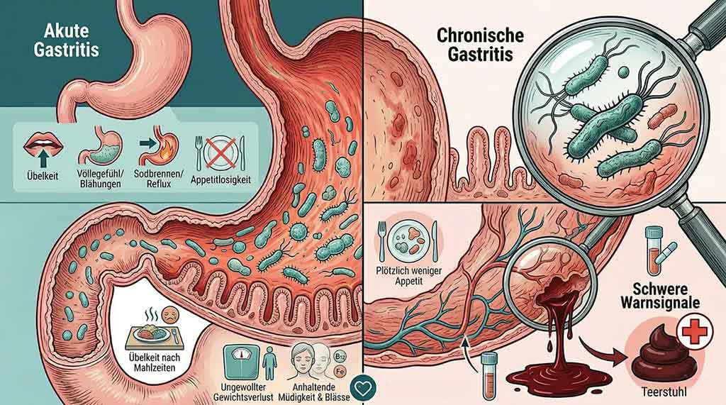 Medical infographic comparing acute and chronic gastritis. In the middle, a cross-section of the stomach with an irritated lining and bacteria is shown. On the left, typical symptoms of acute gastritis are shown, including nausea, a feeling of fullness or bloating, heartburn or reflux, loss of appetite, and nausea after meals. On the right, the graphic shows features of chronic gastritis, including reduced appetite, unintentional weight loss, persistent fatigue or paleness, as well as serious warning signs such as bleeding and tarry stool. A magnifying glass enlarges rod-shaped bacteria in the stomach area.