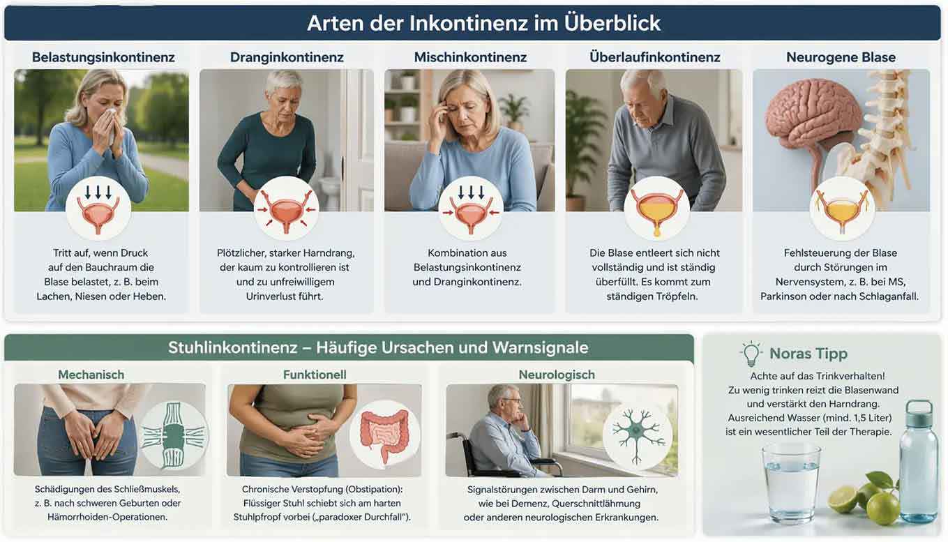 Infographic titled “Types of incontinence at a glance,” showing various forms of urinary incontinence: stress incontinence (with pressure such as coughing or sneezing), urge incontinence (sudden, strong urge to urinate), mixed incontinence (combination of both), overflow incontinence (constant dribbling due to incomplete bladder emptying), and neurogenic bladder (disorder caused by the nervous system).