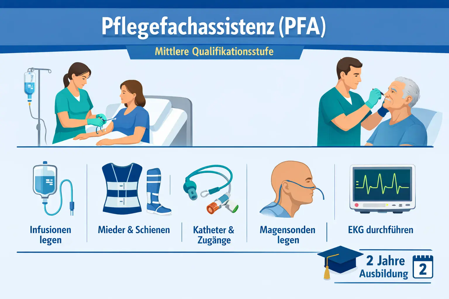 Infografic despre asistența medicală de specialitate (PFA) în Austria ca nivel mediu de calificare cu sarcini medicale extinse precum administrarea perfuziilor, catetere și accesuri, sonde gastrice precum și efectuarea EKG și formare de doi ani.