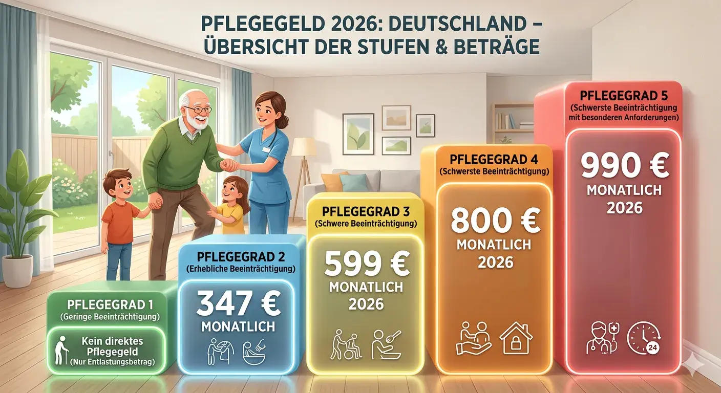 Infografic ilustrat despre indemnizația de îngrijire în Germania pentru 2026, în funcție de gradele de îngrijire 1–5. Arată un bărbat în vârstă cu o îngrijitoare și copii într-un mediu casnic, precum și câmpuri colorate cu sume lunare: fără indemnizație de îngrijire directă pentru gradul de îngrijire 1, 347 € pentru gradul de îngrijire 2, 599 € pentru gradul de îngrijire 3, 800 € pentru gradul de îngrijire 4 și 990 € pentru gradul de îngrijire 5.