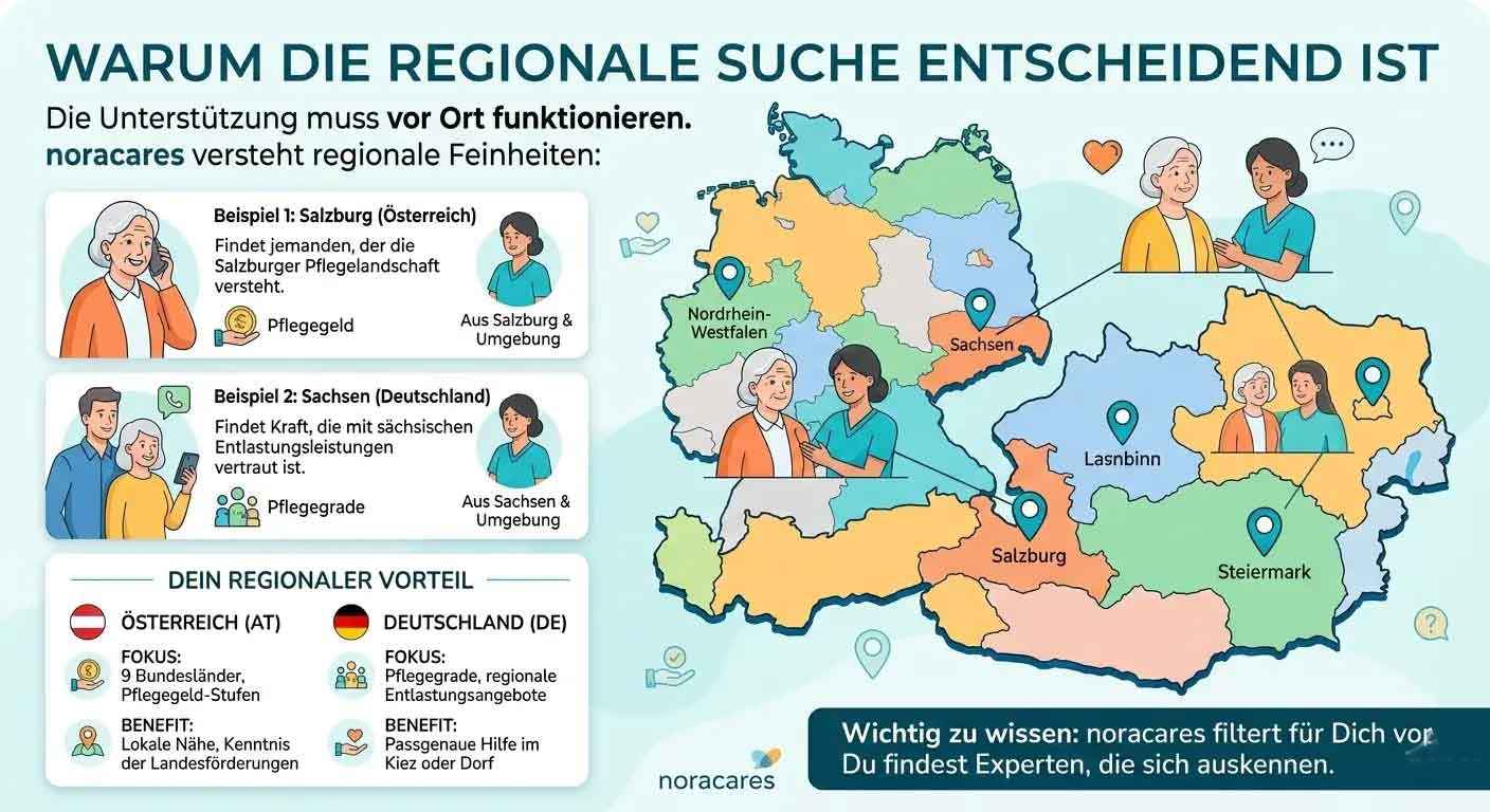 Infografic german de la noracares despre importanța căutării regionale în îngrijire. Titlul este „DE CE CĂUTAREA REGIONALĂ ESTE DECISIVĂ”. Mai jos scrie că sprijinul trebuie să funcționeze la fața locului și că noracares înțelege particularitățile regionale. În stânga sunt prezentate două casete de exemplu: Salzburg (Austria), cu accent pe peisajul îngrijirii din Salzburg și indemnizația de îngrijire, precum și Saxonia (Germania), cu accent pe serviciile de sprijin din Saxonia și gradele de îngrijire. În stânga jos, o casetă explică avantajele regionale pentru Austria și Germania. În dreapta este o hartă colorată cu regiuni marcate precum Renania de Nord-Westfalia, Saxonia, Salzburg și Stiria, precum și ilustrații ale unor situații de îngrijire. Jos apare mențiunea că noracares filtrează regional, astfel încât să fie găsiți experți potriviți la fața locului.