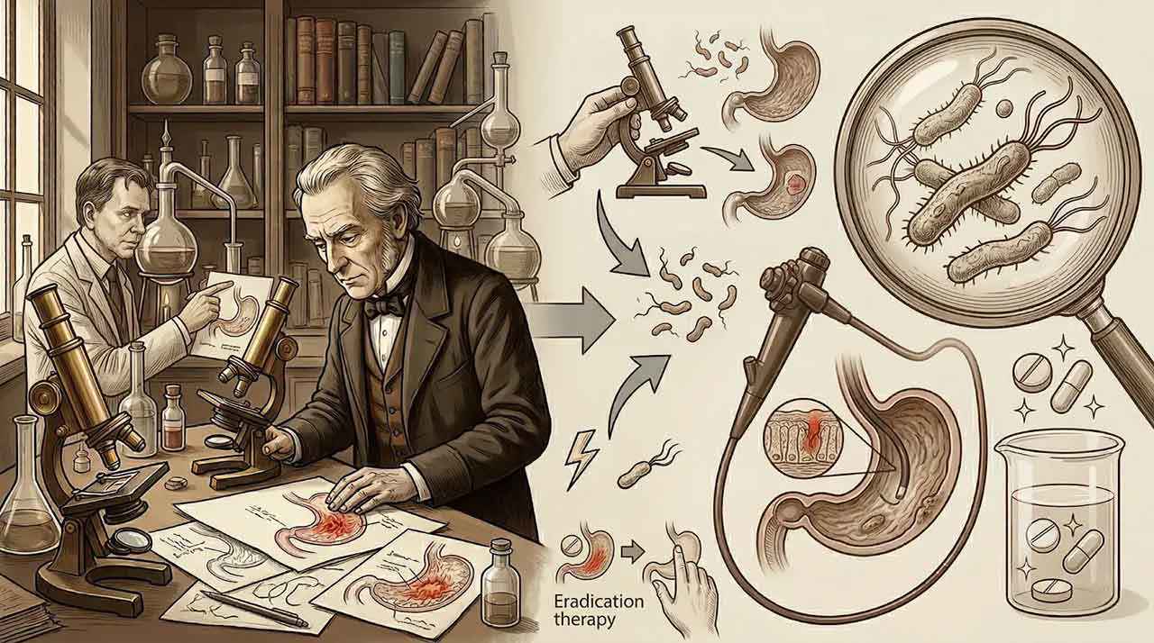 Sepia-colored historical illustration graphic about the research into stomach bacteria and stomach ulcers. On the left, two scientists work in a laboratory with microscopes, glass apparatus, and drawings of the stomach. In the center and on the right, arrows show the connection between bacteria, the stomach, and an endoscopic examination. An enlarged depiction shows rod-shaped bacteria. At the bottom, tablets and a beaker are shown as an indication of eradication therapy.