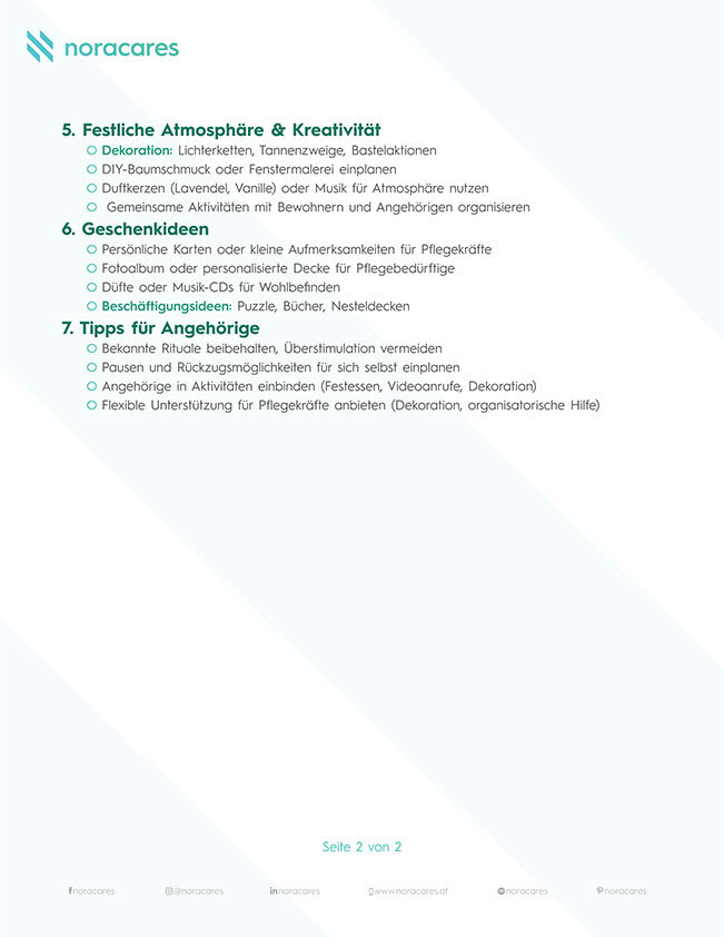 „Zweite Seite der noracares-Checkliste ‚Weihnachten in der Pflege‘ mit Ideen für festliche Atmosphäre, Kreativität, Geschenkideen und praktischen Tipps für Angehörige in der Pflege.“