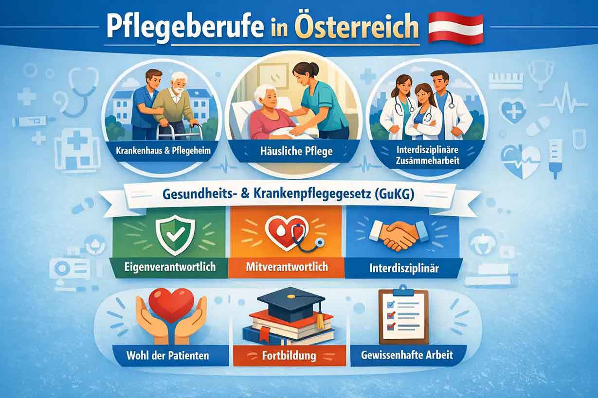 Infografic despre profesiile de îngrijire din Austria cu reprezentări ale îngrijirii în spital și a vârstnicilor, îngrijirii la domiciliu și colaborării interdisciplinare, precum și informații despre Legea privind îngrijirea medicală și generală (GuKG), responsabilitate, formare continuă și bunăstarea pacienților.